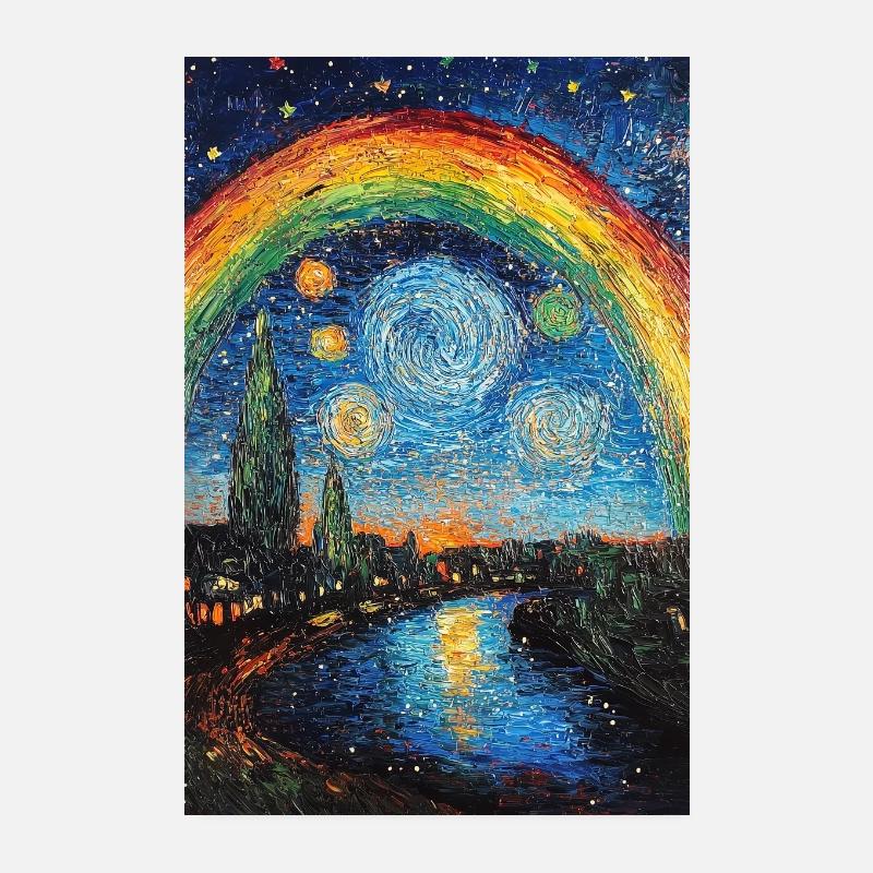 Rainbow Van Gogh Style Starry Night Poster 8" x 12" (20x30 cm)