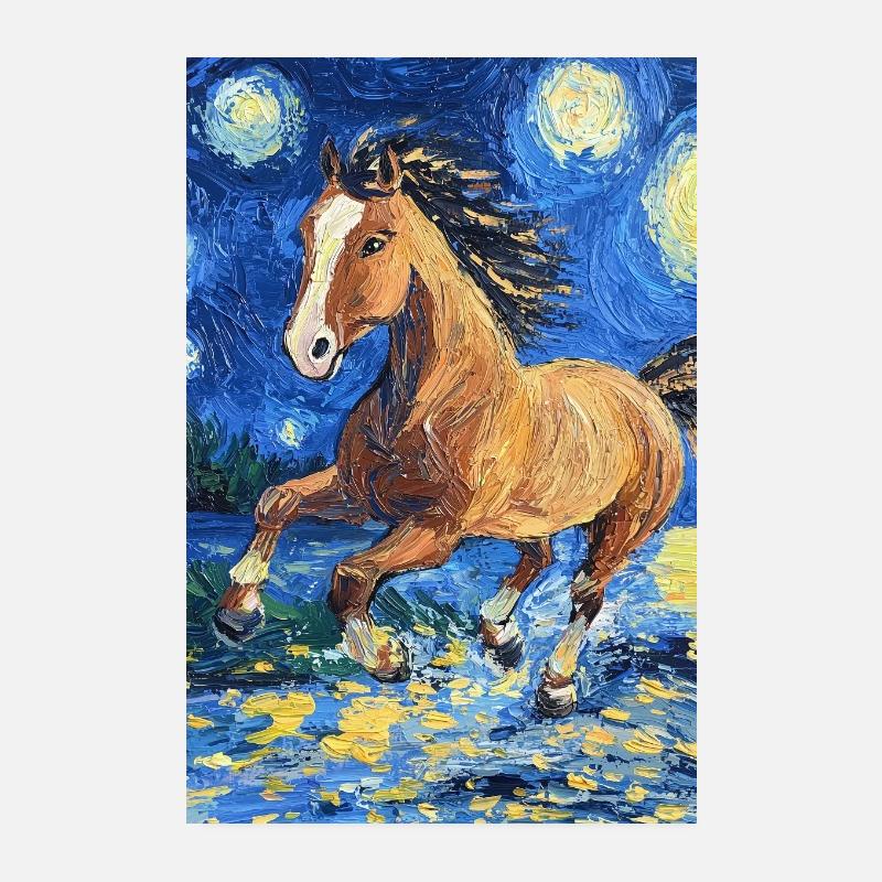 Cheval Chevaux Cavalier Style Van Gogh Nuit étoilée Poster 20 x 30 cm