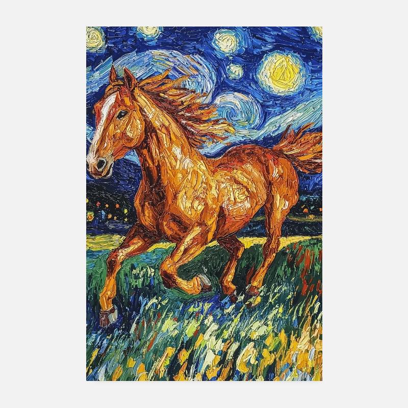 Cheval Chevaux Cavalier Style Van Gogh Nuit étoilée Poster 20 x 30 cm