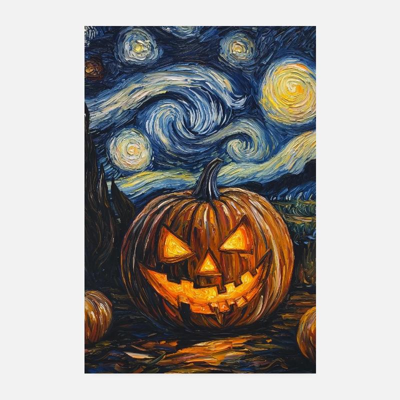 Kürbis Halloween Van Gogh Style Starry Night - Poster 20x30 cm - Weiß