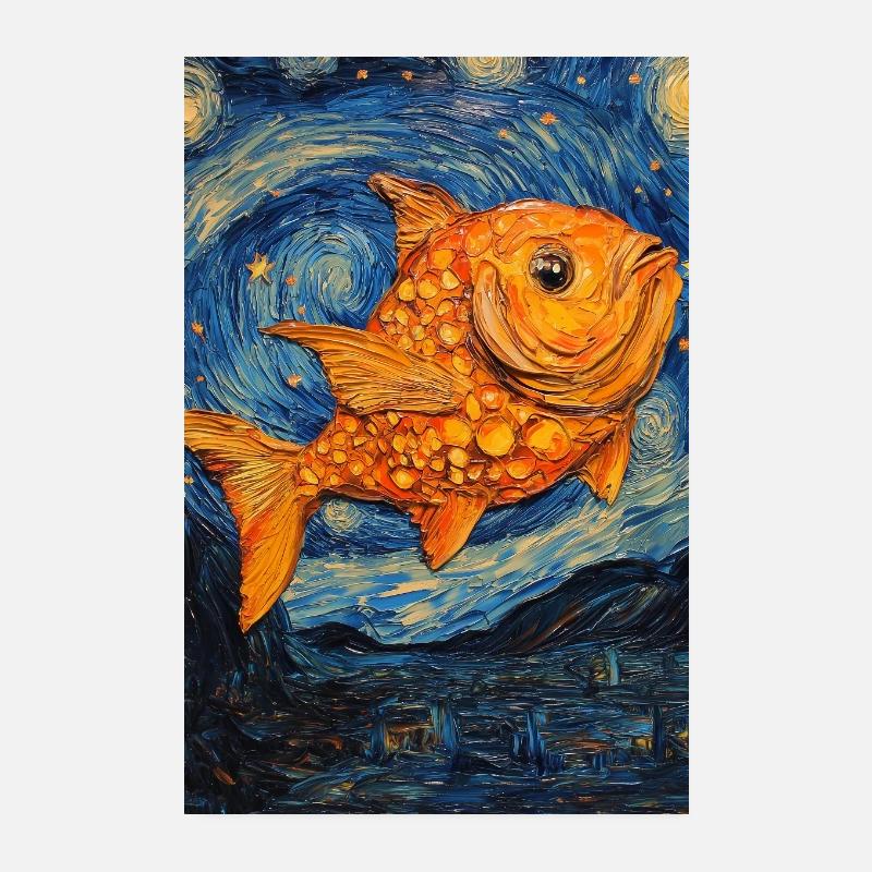 Pesce Pesce Rosso Stile Van Gogh Notte Stellata Poster 20x30 cm