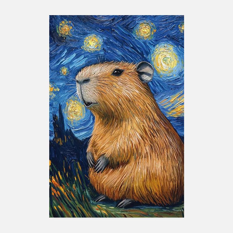 Capybara Van Gogh Style Nuit étoilée Poster 20 x 30 cm