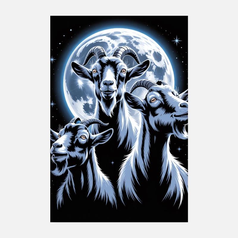 Trois chèvres devant la pleine lune et la nuit étoilée Poster 20 x 30 cm