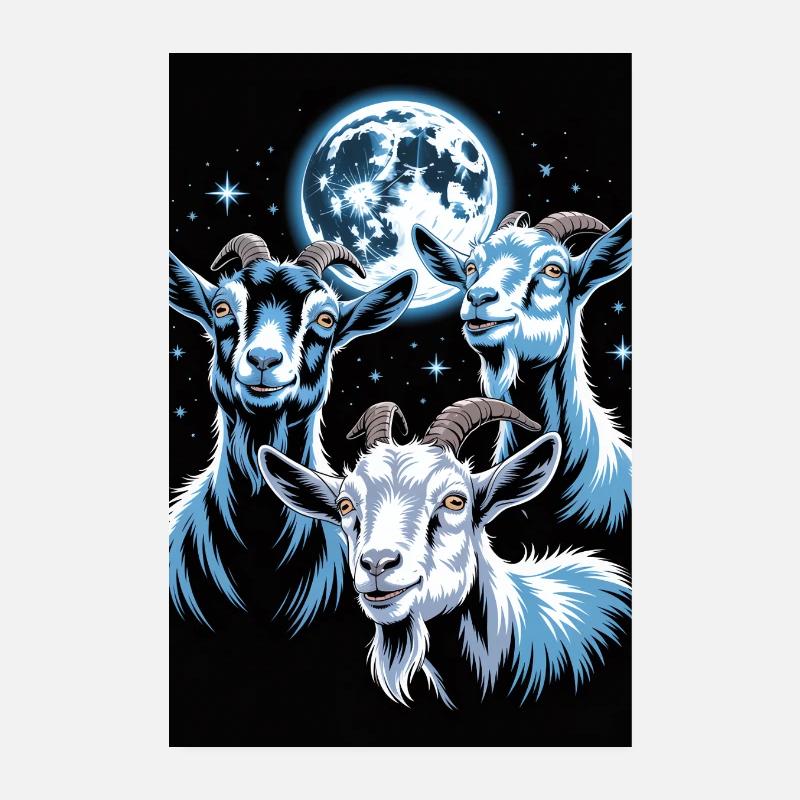 Three goats under full moon night sky Poster 8" x 12" (20x30 cm)