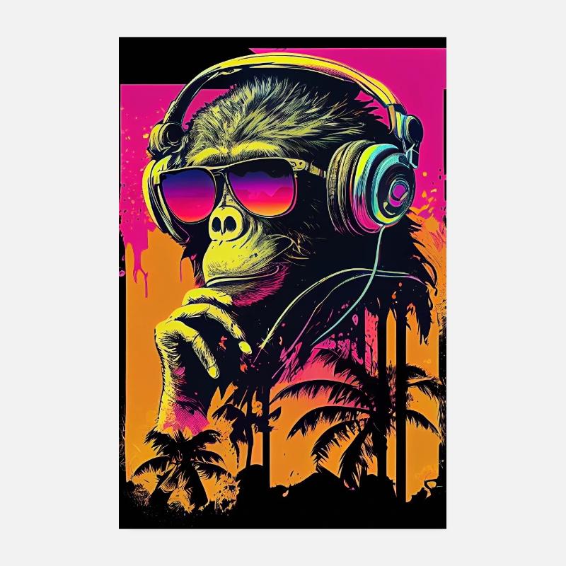 Synthwave Retro Affe mit Sonnenbrille und Musik Poster 20x30 cm