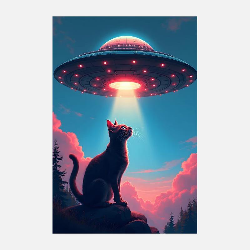 Chat de l’espace avec faisceau lumineux OVNI Poster 20 x 30 cm