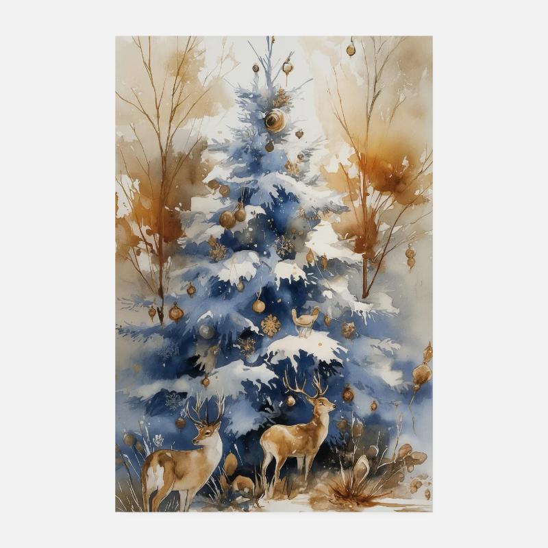 Blue Christmas Tree and Deer Poster 8" x 12" (20x30 cm)