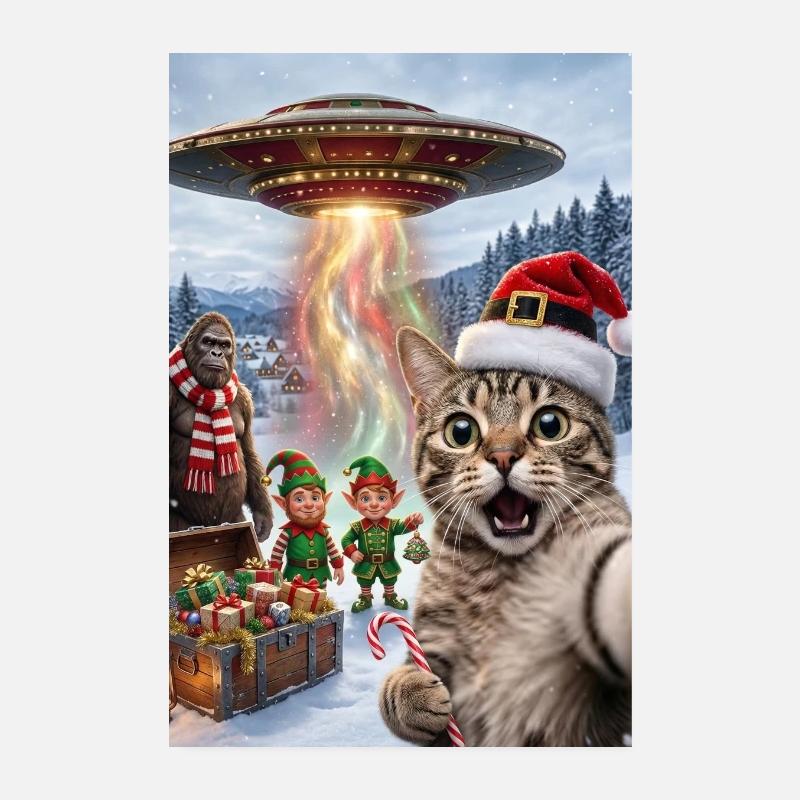 Chat de Noël dans un selfie d’OVNI Poster 20 x 30 cm
