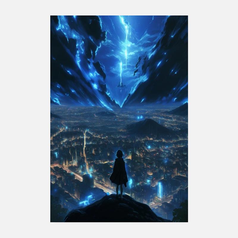 Cité lumineuse sous ciel électrique Poster 20 x 30 cm