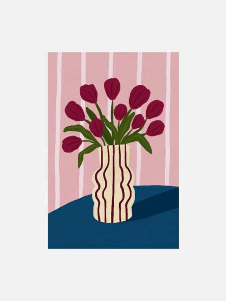 Tulpenstrauß in gestreifter Vase - Poster 20x30 cm - Weiß