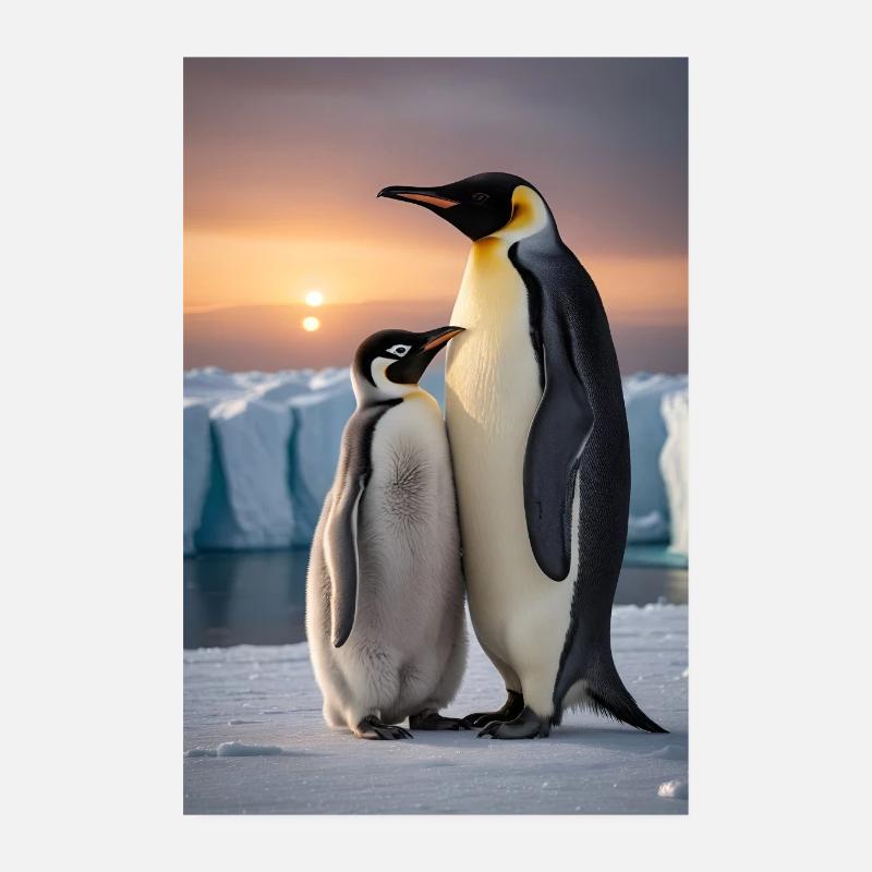 Pinguin mit Jungtier auf Eisscholle am Südpol - Poster 20x30 cm - Weiß
