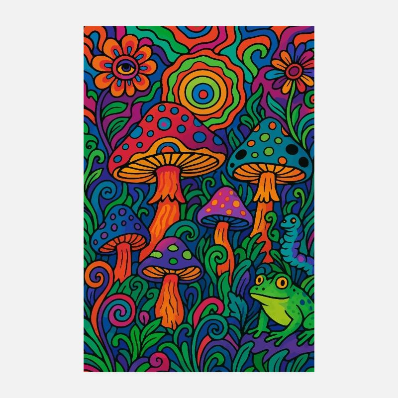 Psychedelischer Pilzwald – Buntes Retro Kunstwerk Poster 20x30 cm