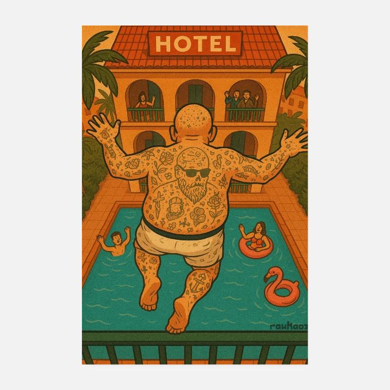 balcony vacationer jumping by the pool Poster 8" x 12" (20x30 cm)