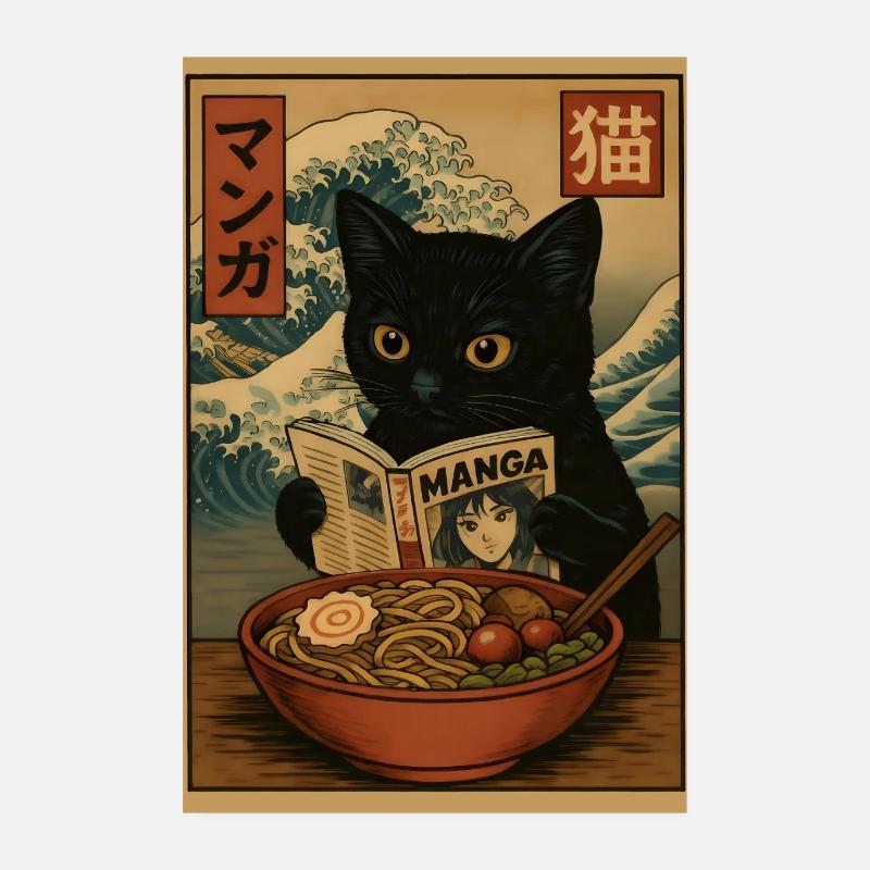 Cat lit des mangas mangeant Ramen Wave Poster 20 x 30 cm