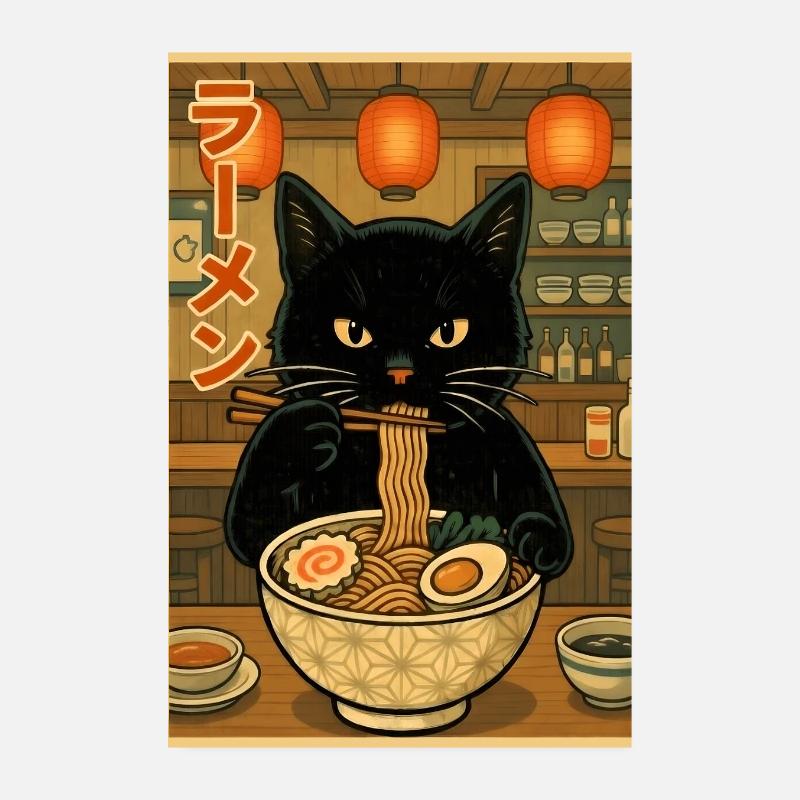 black eat Cat Ramen Bowl Poster 8" x 12" (20x30 cm)