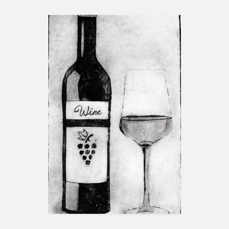 Bouteille de vin avec verre - Gravée à la main imprimable Poster 20 x 30 cm