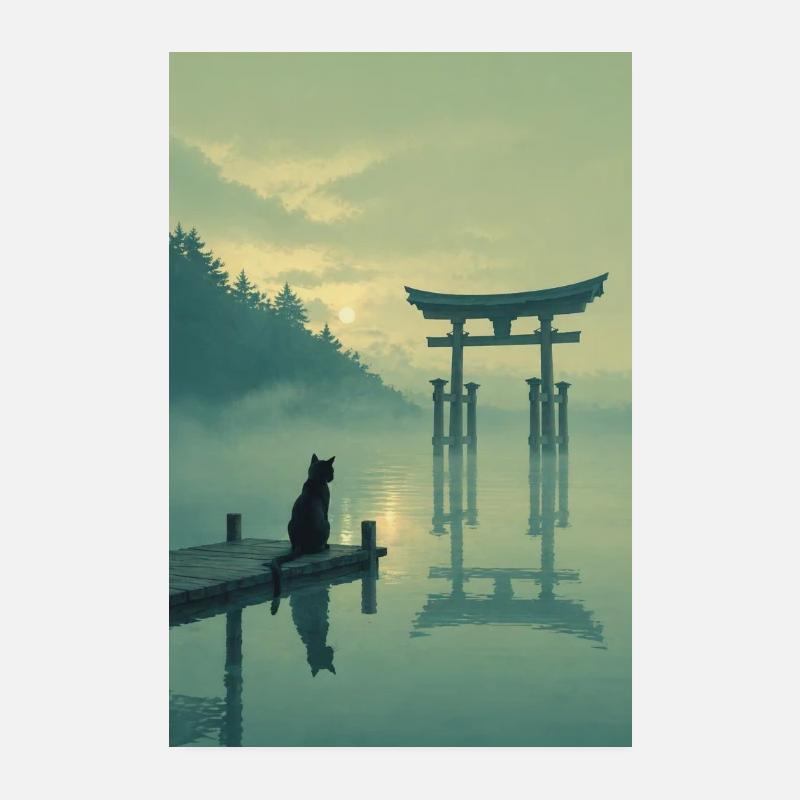 Black Cat on the Torii – Asian Zen Design Poster 20 x 30 cm