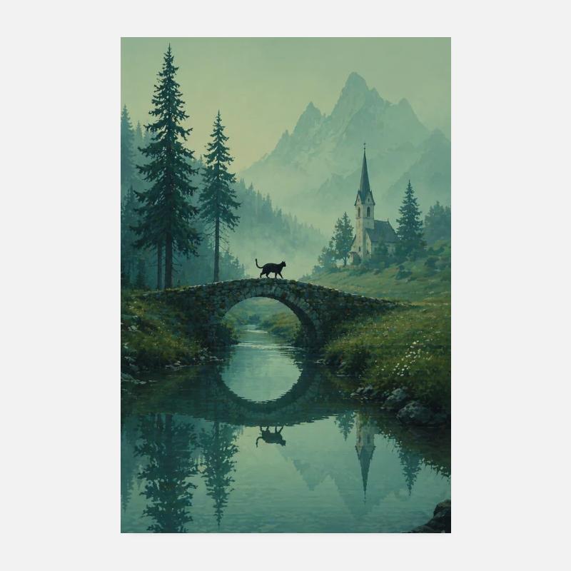 Schwarze Katze an Steinbrücke – Asian Zen Design Poster 20x30 cm