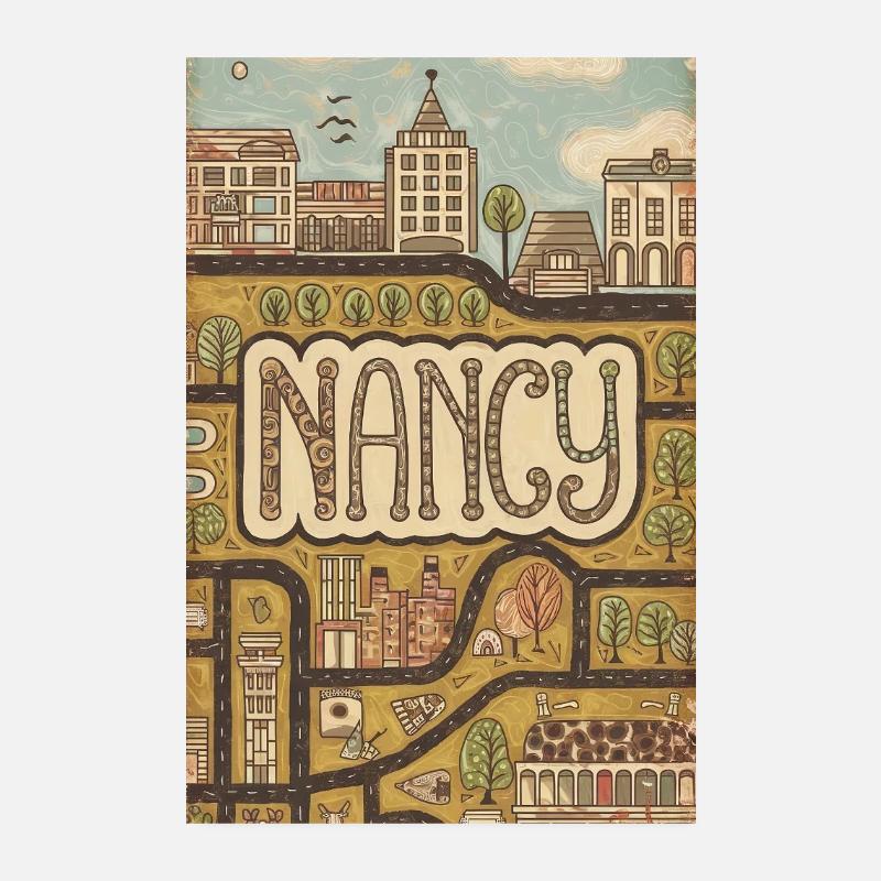 Nancy Cityscape Retro Map Typography Poster 8" x 12" (20x30 cm)