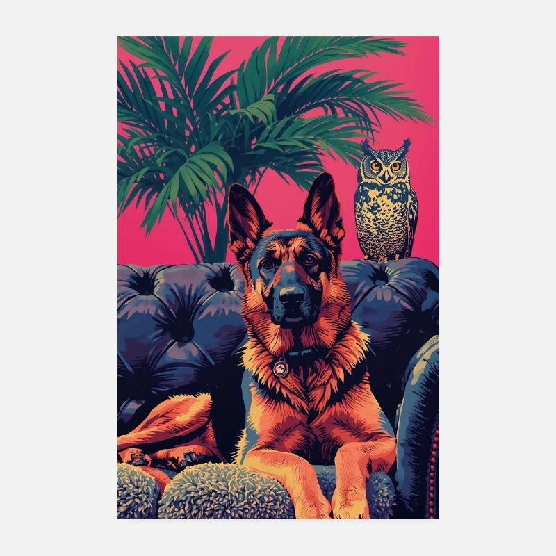 Neonhund und Eule in den Tropen Poster 20x30 cm