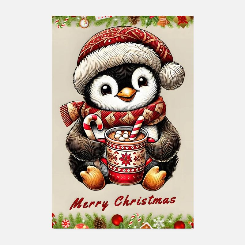 Pingouin de Noël au chocolat chaud Poster 20 x 30 cm