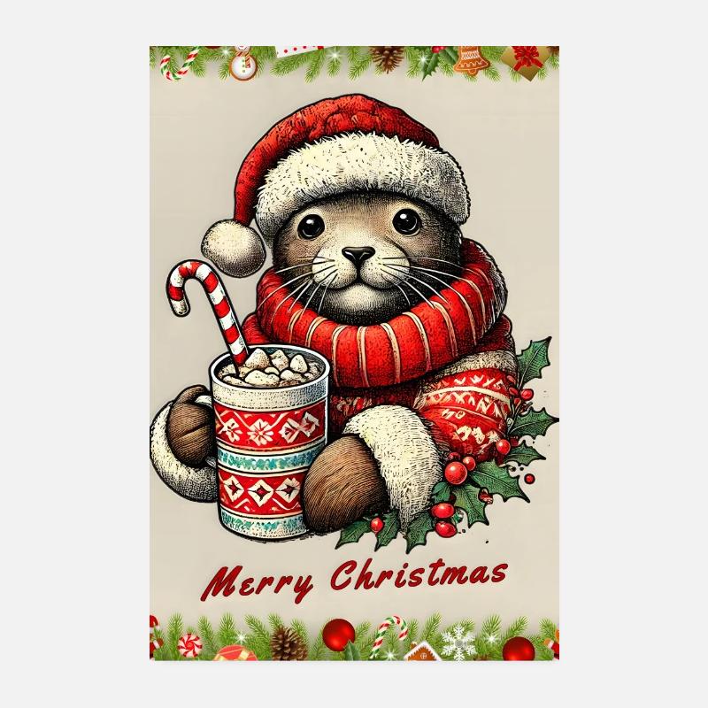 Loutre de Noël au chocolat chaud Poster 20 x 30 cm
