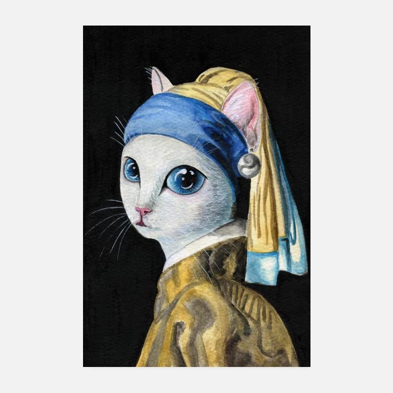 Katze mit Perlenohrring (Plakat) - Poster 20x30 cm - Weiß