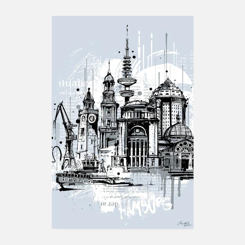 Hamburg Collage Illustration - Poster 20x30 cm - Weiß