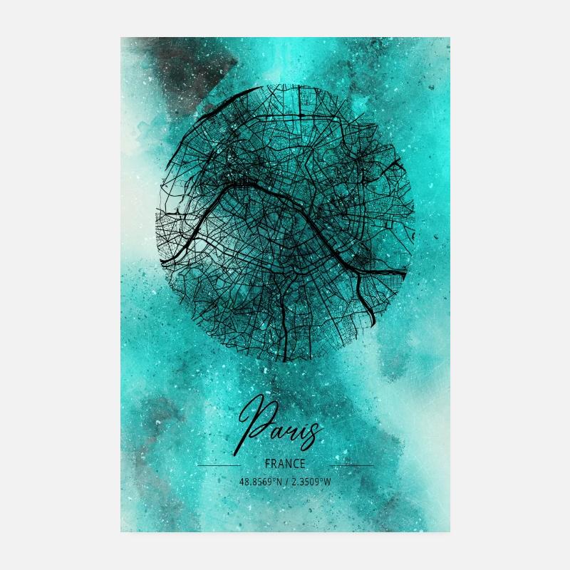 Paris Map - Map with coordinates Map - France Poster 8" x 12" (20x30 cm)