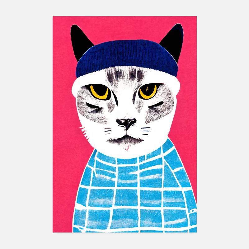 Blue Squares Hip Cat Retro Poster 20x30 cm