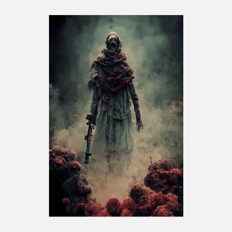 Zombie soldier with smoking skulls Poster 8" x 12" (20x30 cm)