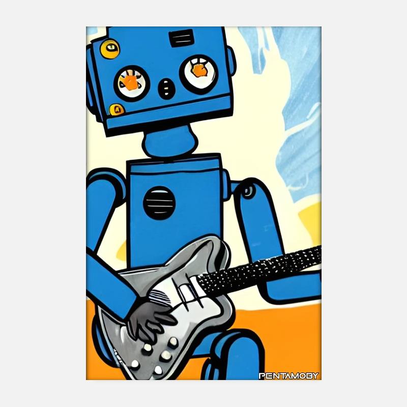 Robot Guitare Guitariste Future Music Comic - Poster 20 x 30 cm - blanc