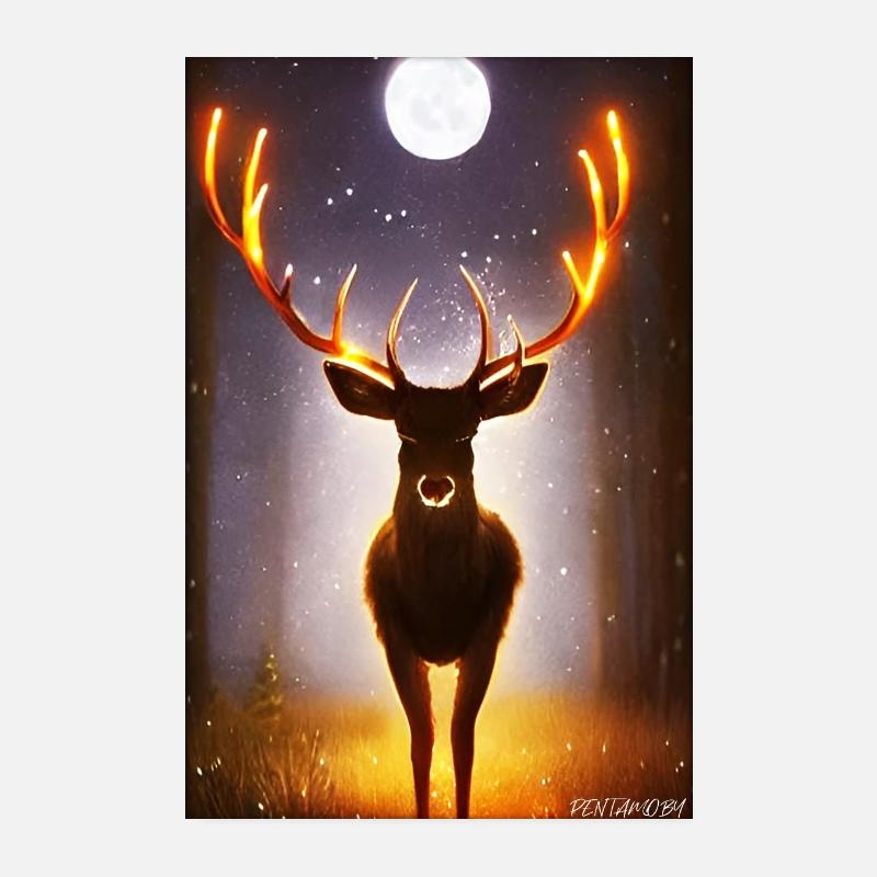 Hirsch Mond Mondlicht Wald Winter Schnee Waldtier Poster 20x30 cm