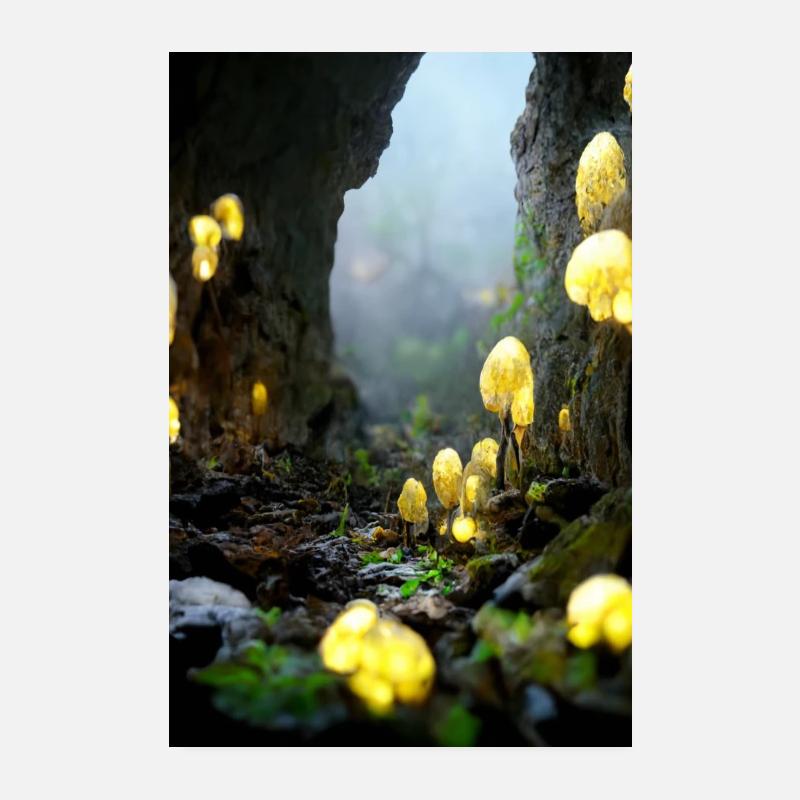 Champignon lumineux dans une cave enchantée Poster 20 x 30 cm