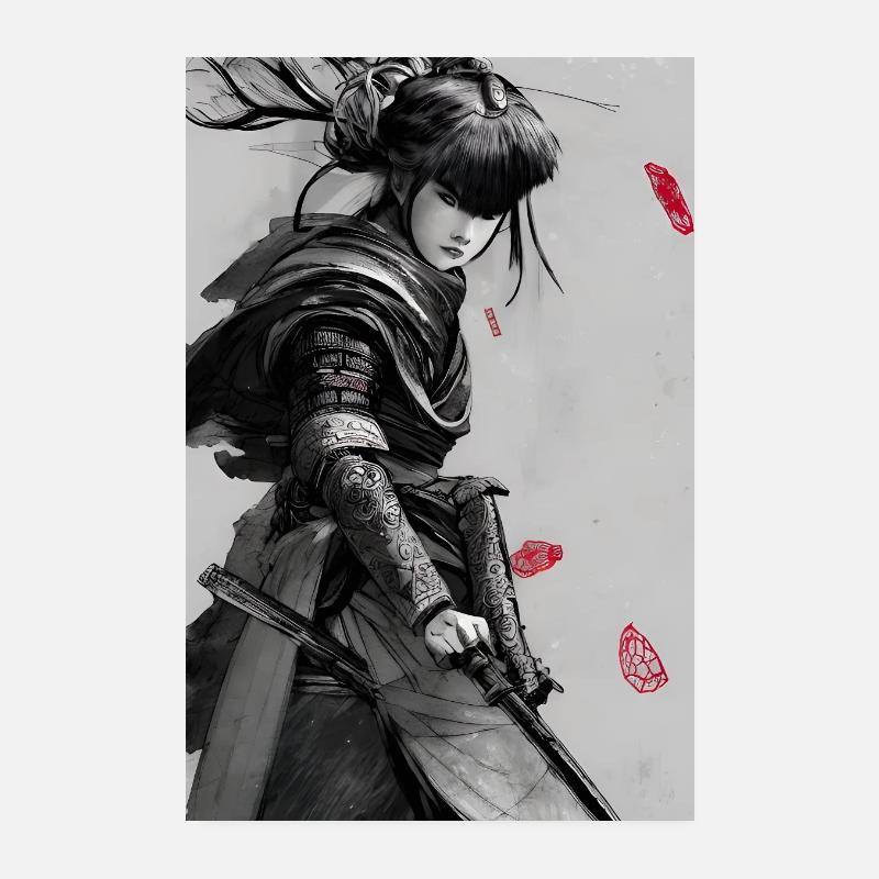 Female Samurai Black and White Illustration Poster 8" x 12" (20x30 cm)