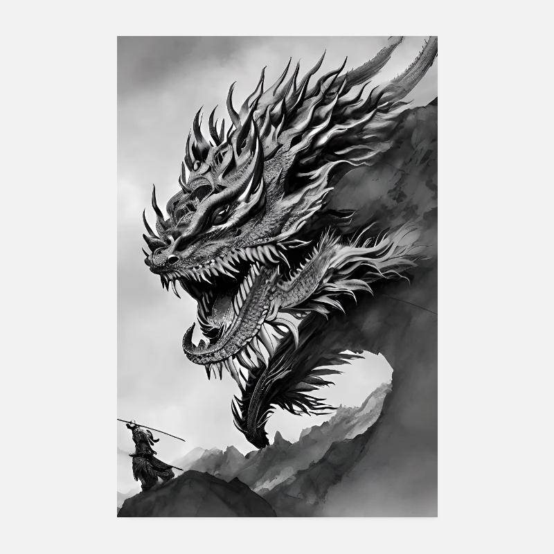 Digital Art Drache Schwarz Weiß Illustration Poster 20x30 cm