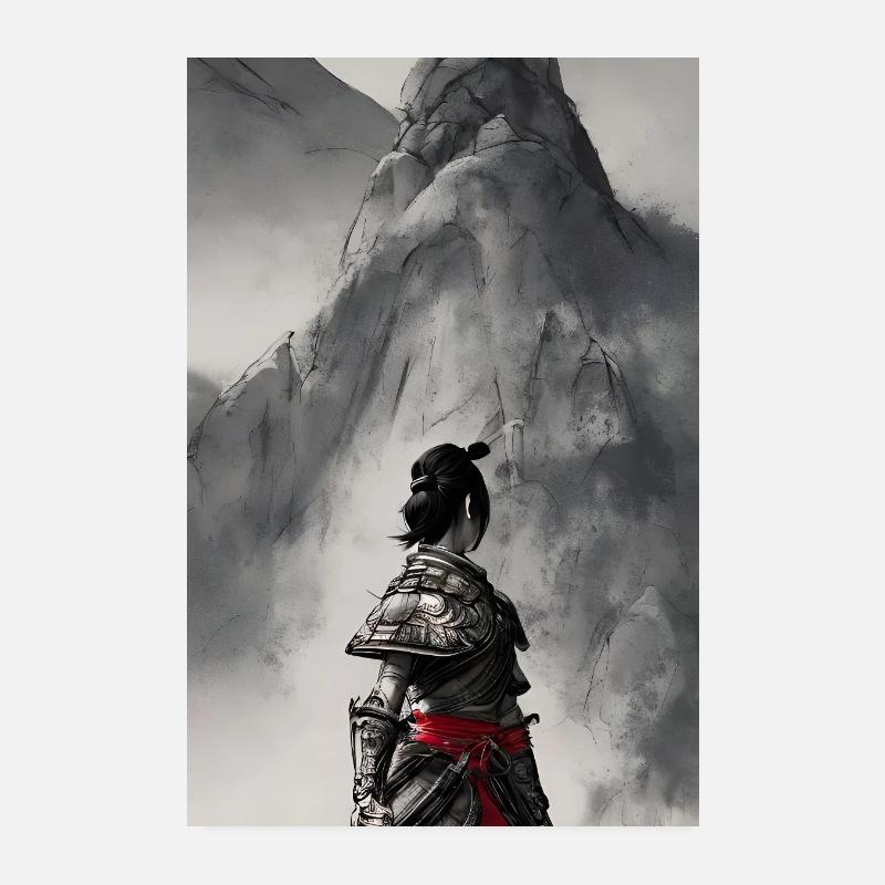 Digital Art Samurai Black and White Illustration Poster 8" x 12" (20x30 cm)