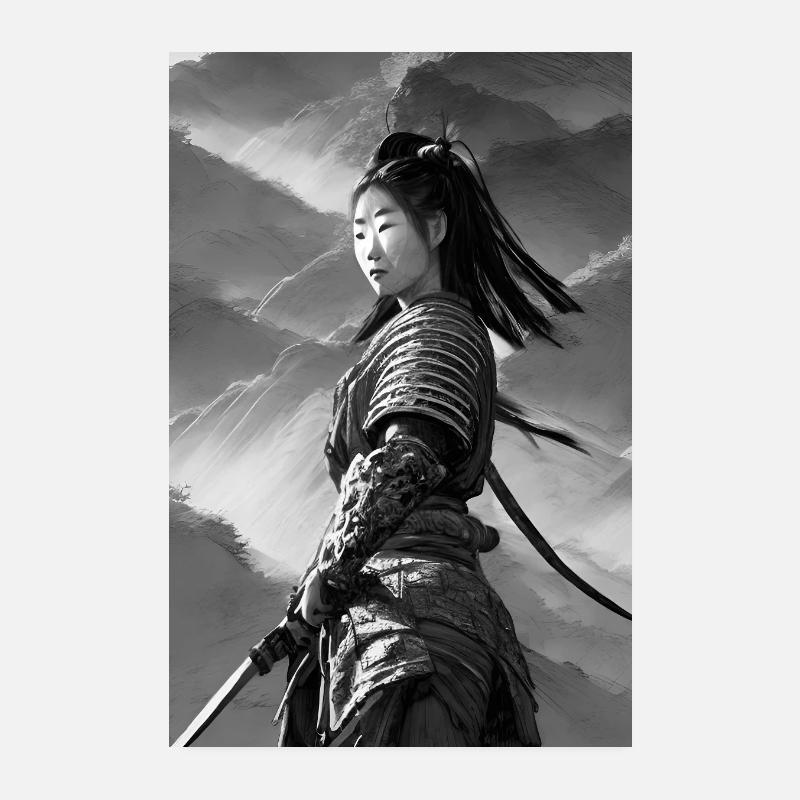 Digital Art Samurai Black and White Illustration Poster 8" x 12" (20x30 cm)