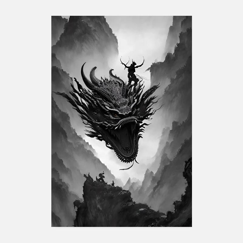 Digital Art Drache Schwarz Weiß Illustration Poster 20x30 cm