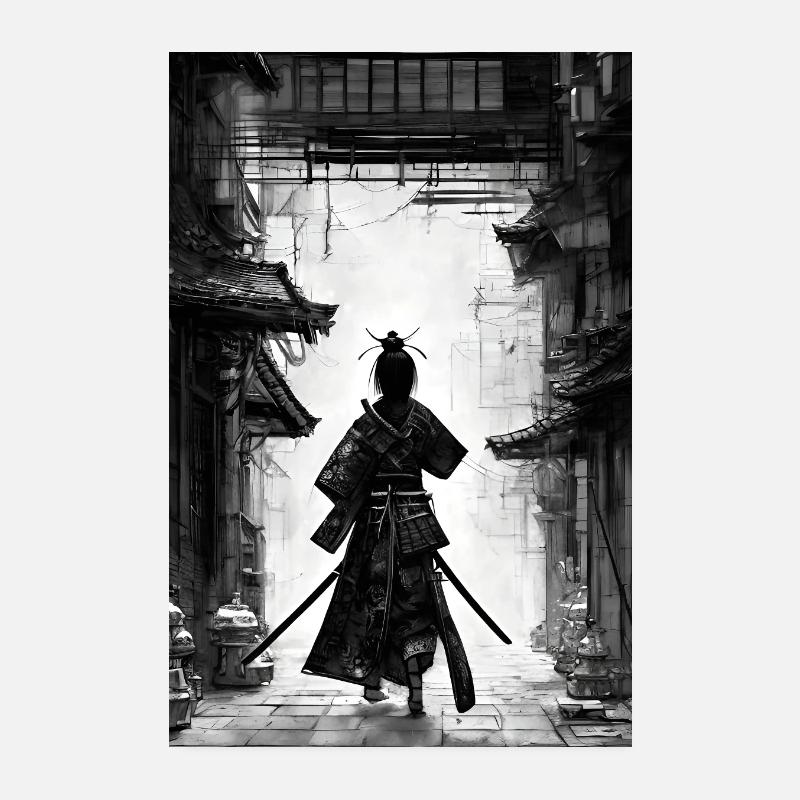 Japanisches Samurai Bild einer Frau schwarz weiß - Poster 20x30 cm - Weiß