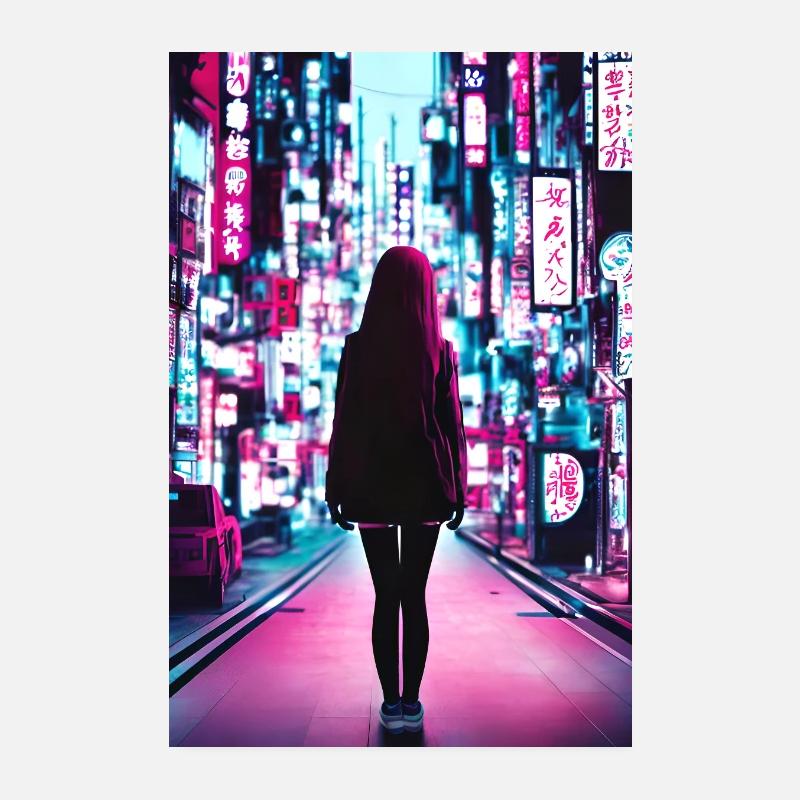 Mädchen in einer Zukunft von Tokyo. Neon Style - Poster 20x30 cm - Weiß