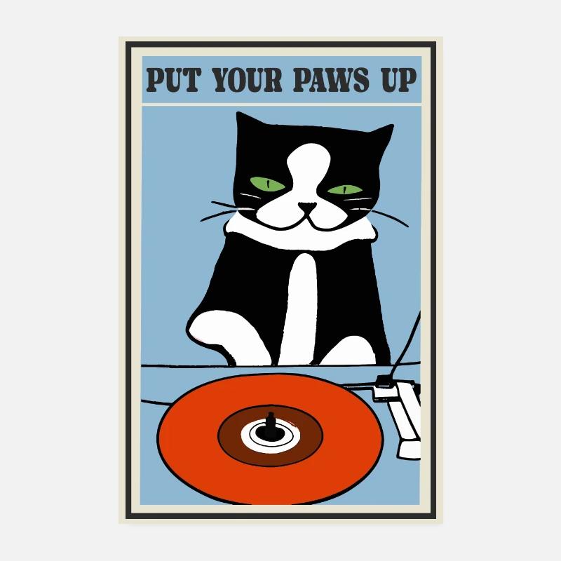 Put Your Hands Up Retro Cat DJ Illustration funny - Poster 8" x 12" (20x30 cm) - white