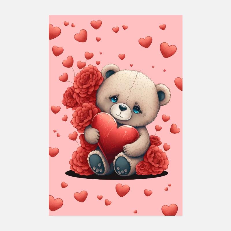 Cute teddy bear with red flowers and hearts Poster 8" x 12" (20x30 cm)