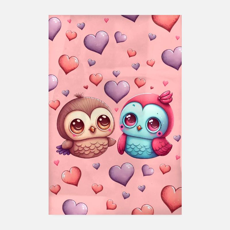 Deux oiseaux mignons entourés de cœurs Poster 20 x 30 cm