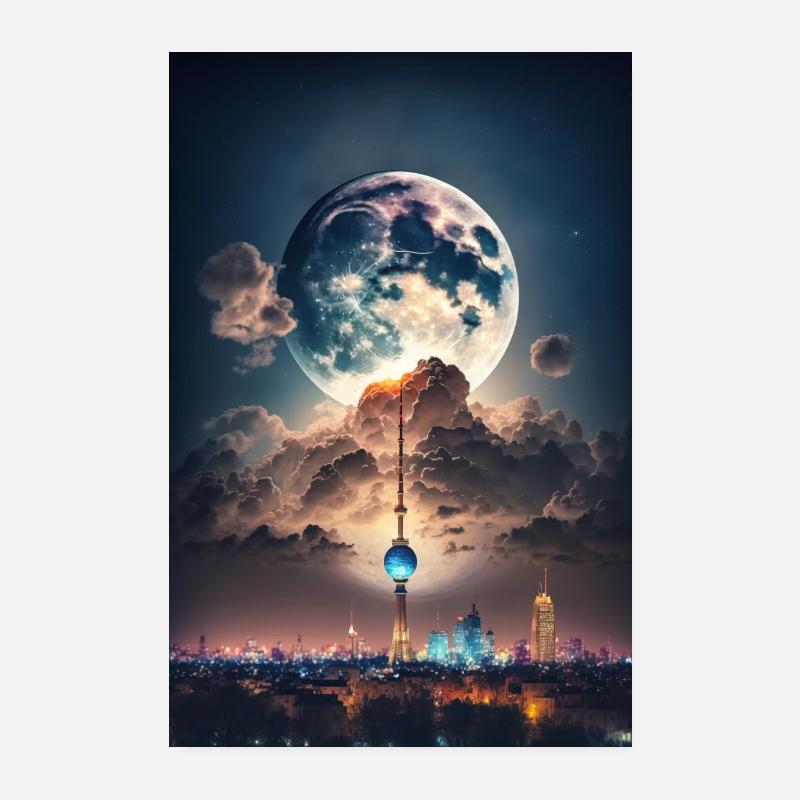 Berlin at Night Skyline TV Tower Full Moon Poster 8" x 12" (20x30 cm)