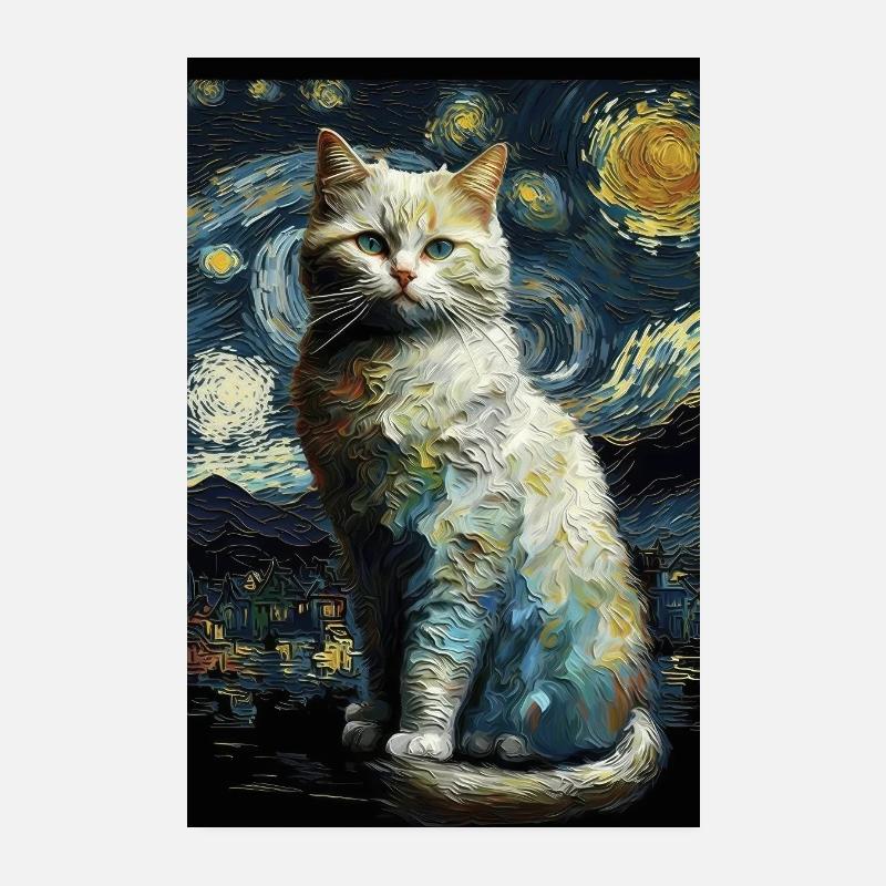 katze van gogh style sternenhimmel nachts cool süß Poster 20x30 cm