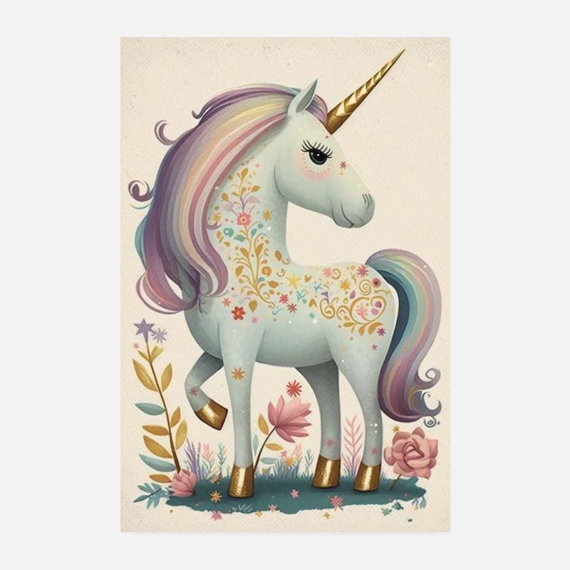 Licorne mythique créature cheval mythe conte de fées fleurs Poster 20 x 30 cm