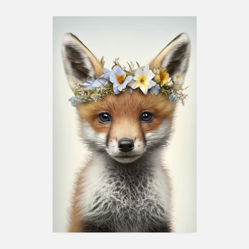 Fuchs Blumen Blumenkrone Tier Blumenkranz Poster - Poster 20x30 cm - Weiß