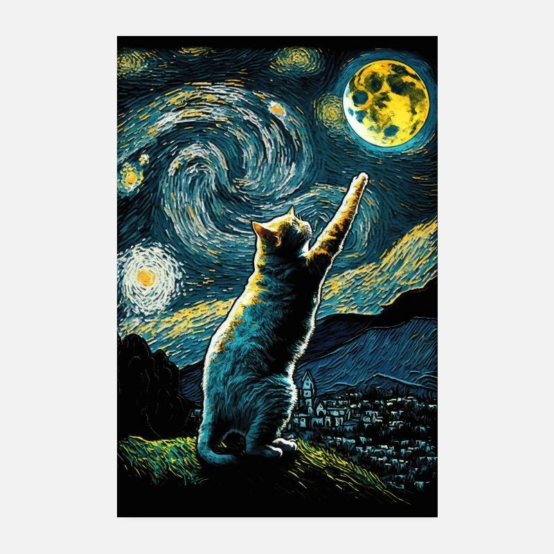 Chat Van Gogh Style Moon étoiles la nuit Poster 20 x 30 cm