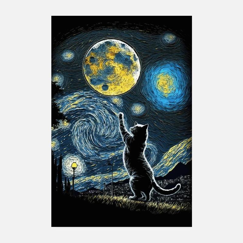 Katze Van Gogh Style Mond Sterne Nachts Kitty - Poster 20x30 cm - Weiß